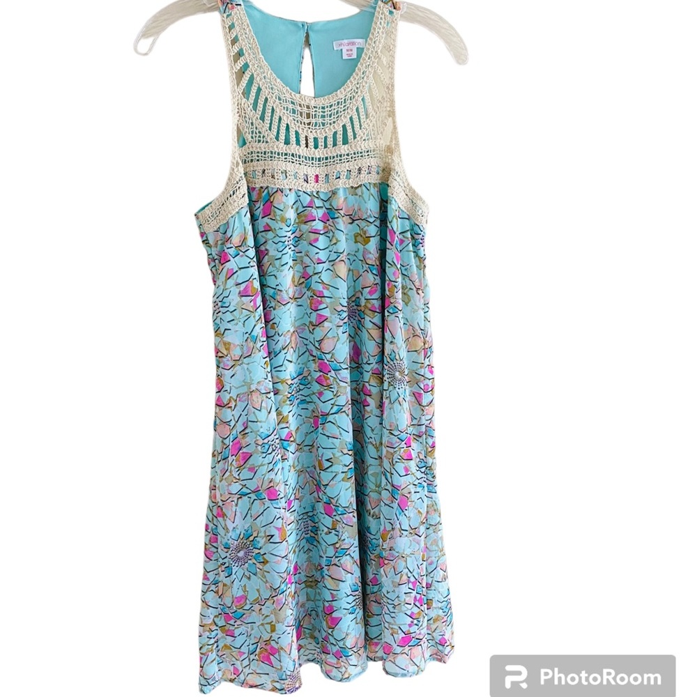 Xhilaration Halter A-Line Crochet Swing Dress Medium Green Pink Pattern Boho